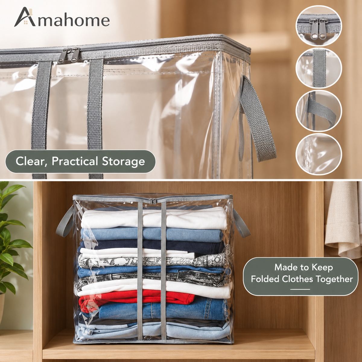 Transparent clothes storage organizer bag filled with folded clothing on a wardrobe shelf