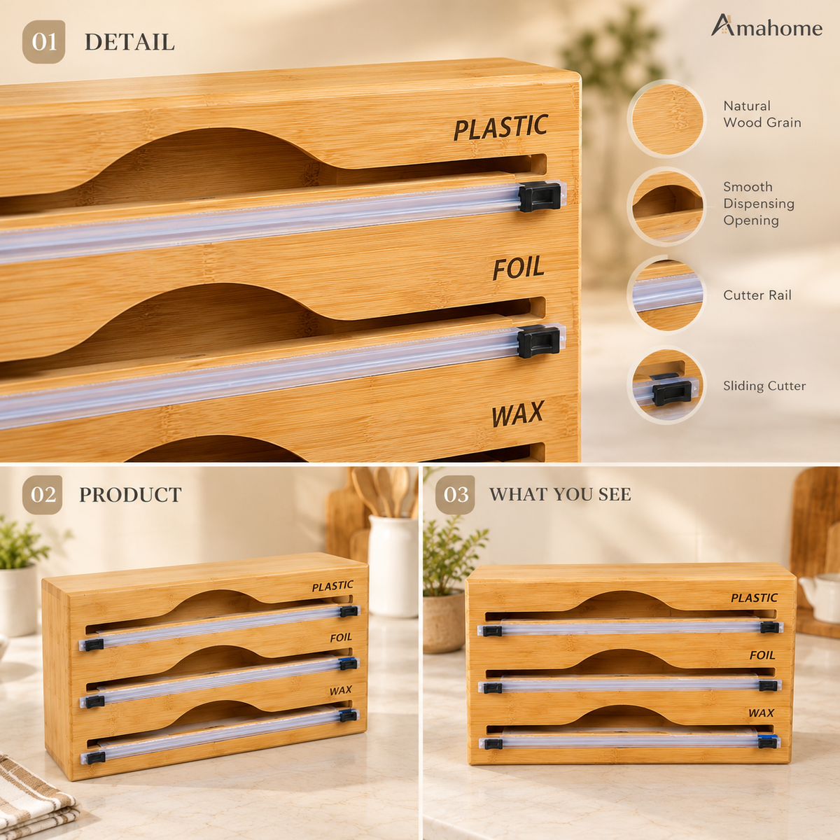 3-in-1 Bamboo Wrap Dispenser & Cutter – Plastic Wrap, Foil & Wax Paper Organizer