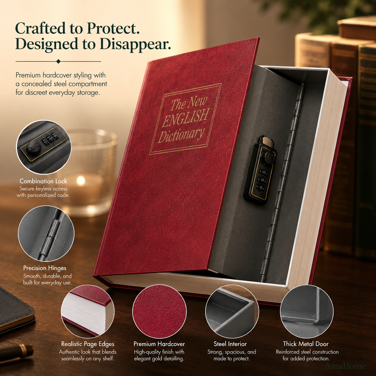 AmaHome Book Safe with Combination Lock – Realistic Dictionary Secret Safe