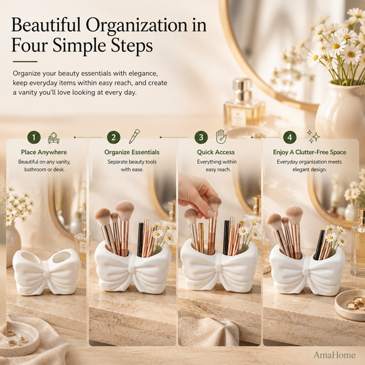 AmaHome Ceramic Bow Makeup Brush Holder – Dual Compartment Vanity Organizer