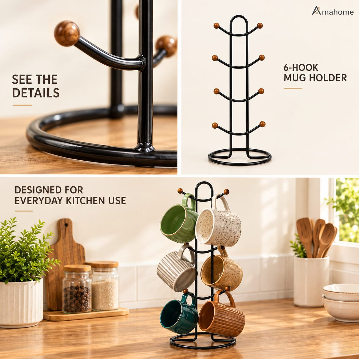 6 Hook Mug Holder – Rotating Coffee Cup Storage Rack
