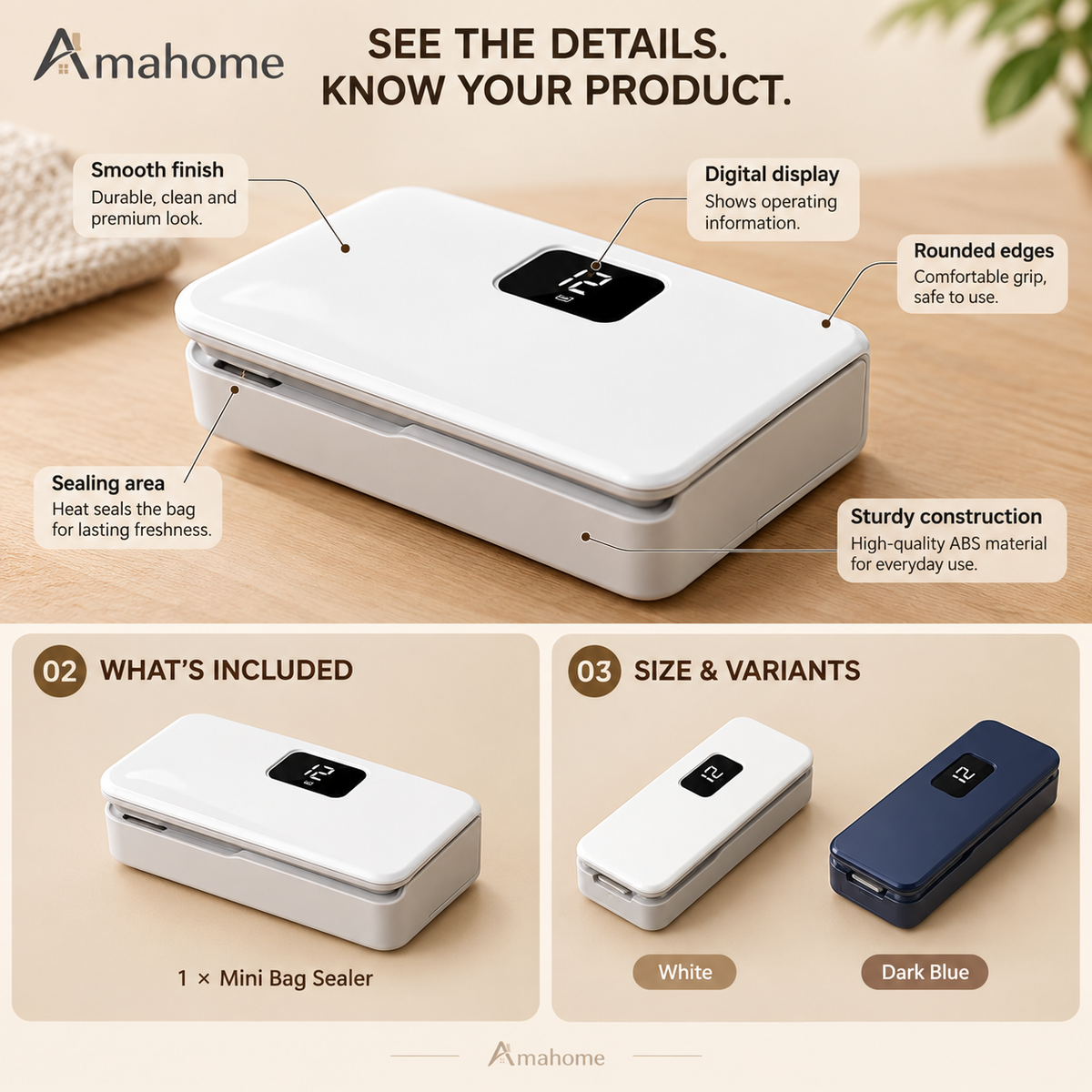 Mini Heat Sealer for Food Bags with LCD Display & Hidden Cutter