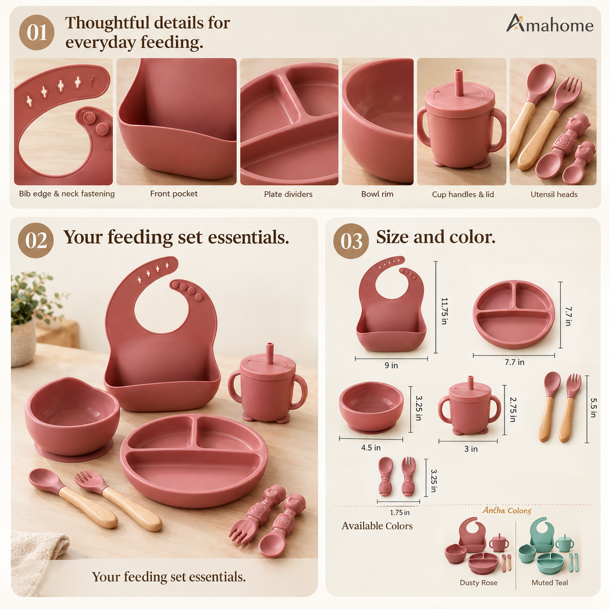 Premium Silicone Baby Feeding Set - Non-Slip Suction Bowl & Divided Plate, Waterproof Adjustable Bib, Sippy Cup & Utensils (BPA-Free)