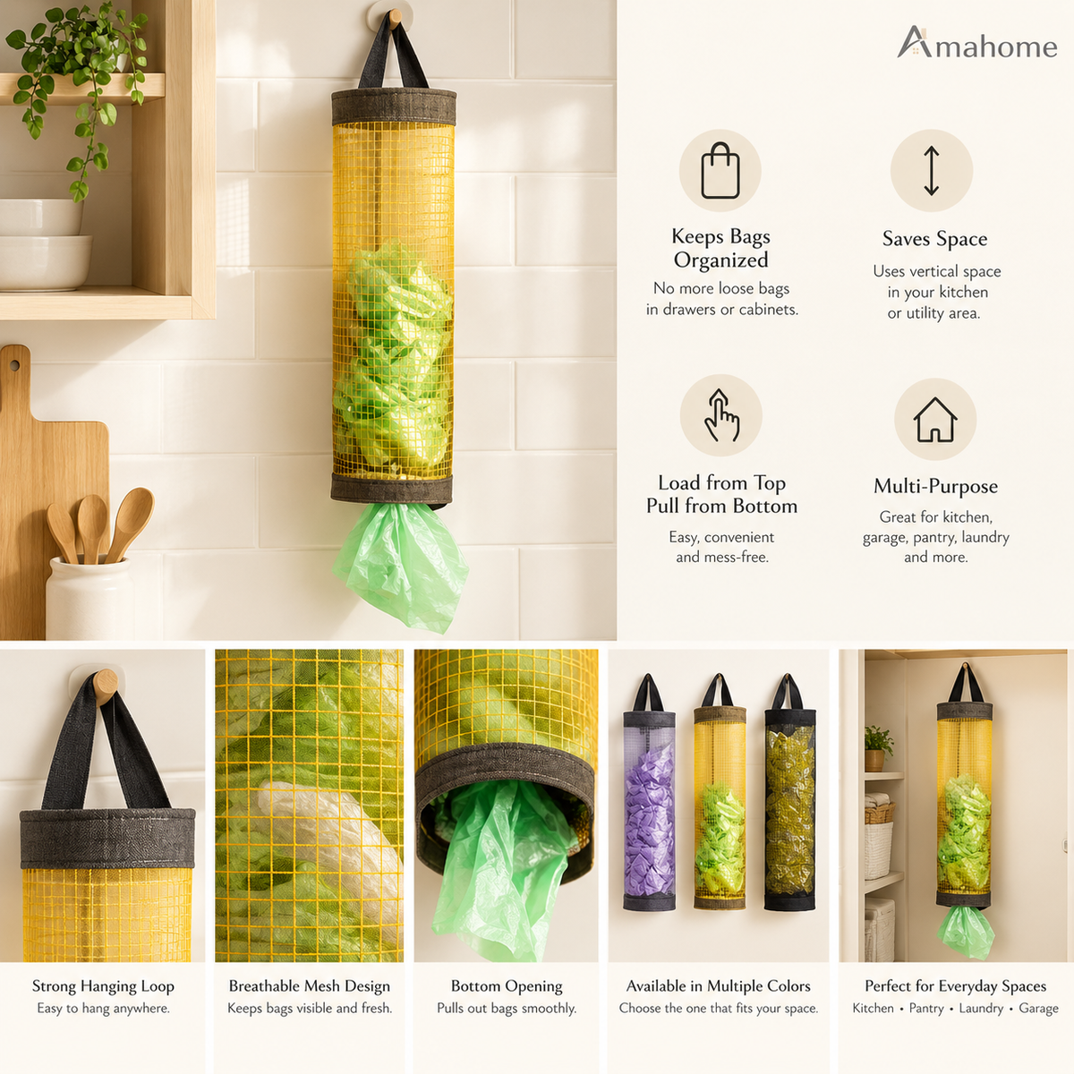 Hanging Mesh Garbage Bag Dispenser – Kitchen Waste Bag Organizer