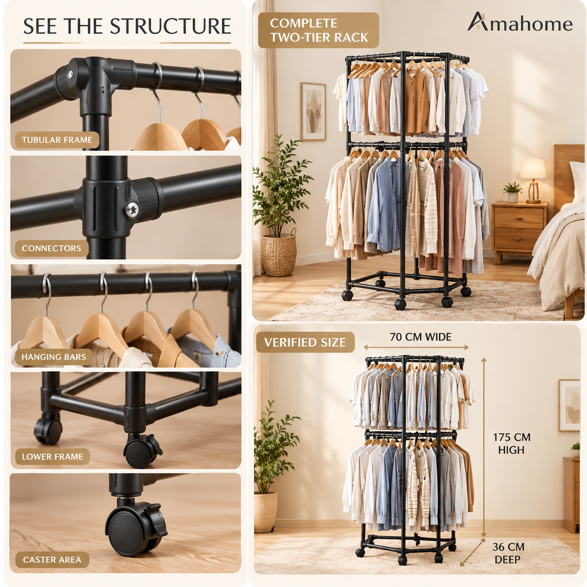 2-Tier Rolling Clothes Rack – Double-Layer Garment Organizer with Wheels