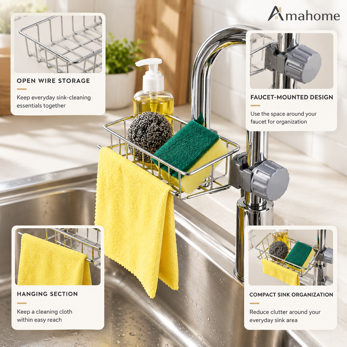 Faucet-Mounted Sink Storage Basket – Kitchen Sponge & Cleaning Cloth Holder