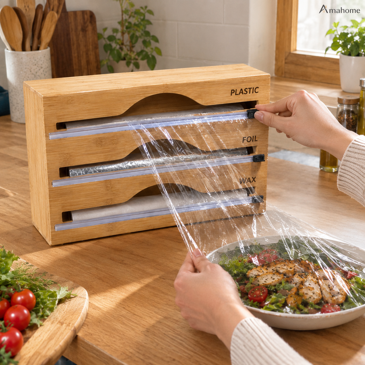 3-in-1 Bamboo Wrap Dispenser & Cutter – Plastic Wrap, Foil & Wax Paper Organizer