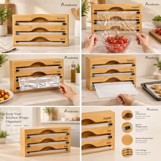 3-in-1 Bamboo Wrap Dispenser & Cutter – Plastic Wrap, Foil & Wax Paper Organizer