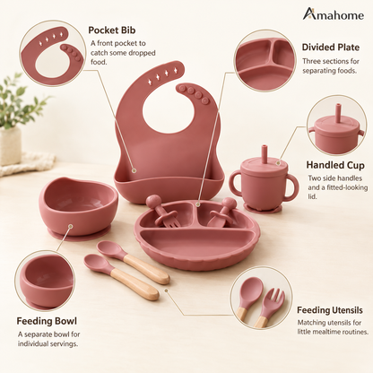 Premium Silicone Baby Feeding Set - Non-Slip Suction Bowl & Divided Plate, Waterproof Adjustable Bib, Sippy Cup & Utensils (BPA-Free)