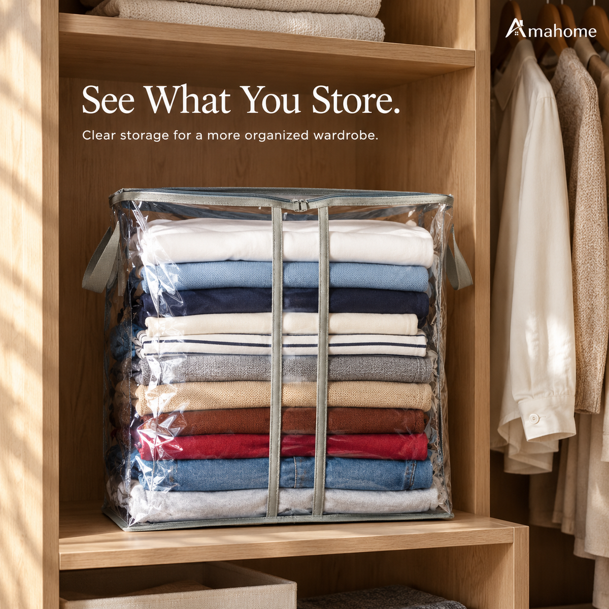 Transparent clothes storage organizer bag filled with folded clothing on a wardrobe shelf