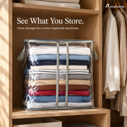 Transparent clothes storage organizer bag filled with folded clothing on a wardrobe shelf