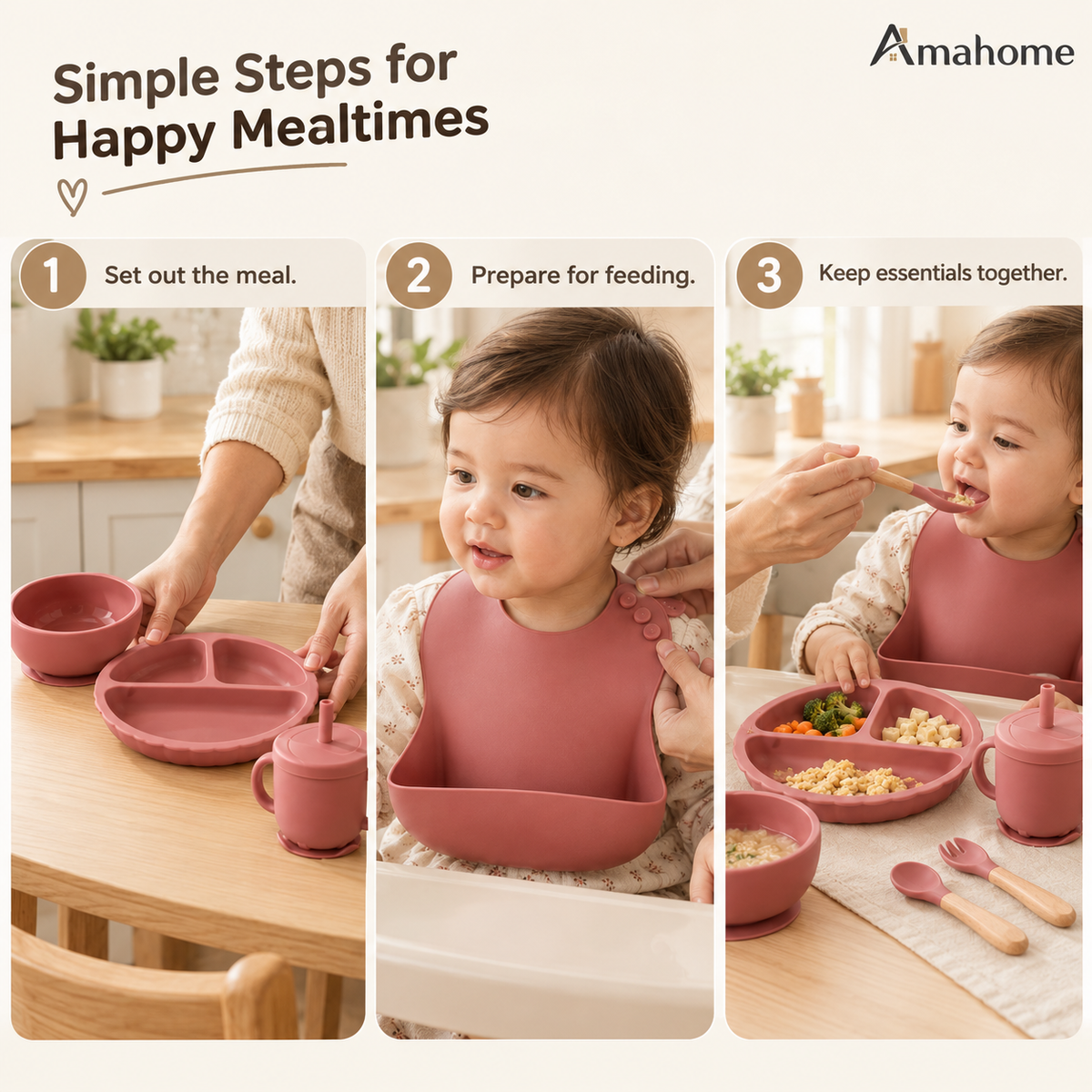 Premium Silicone Baby Feeding Set - Non-Slip Suction Bowl & Divided Plate, Waterproof Adjustable Bib, Sippy Cup & Utensils (BPA-Free)