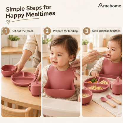 Premium Silicone Baby Feeding Set - Non-Slip Suction Bowl & Divided Plate, Waterproof Adjustable Bib, Sippy Cup & Utensils (BPA-Free)