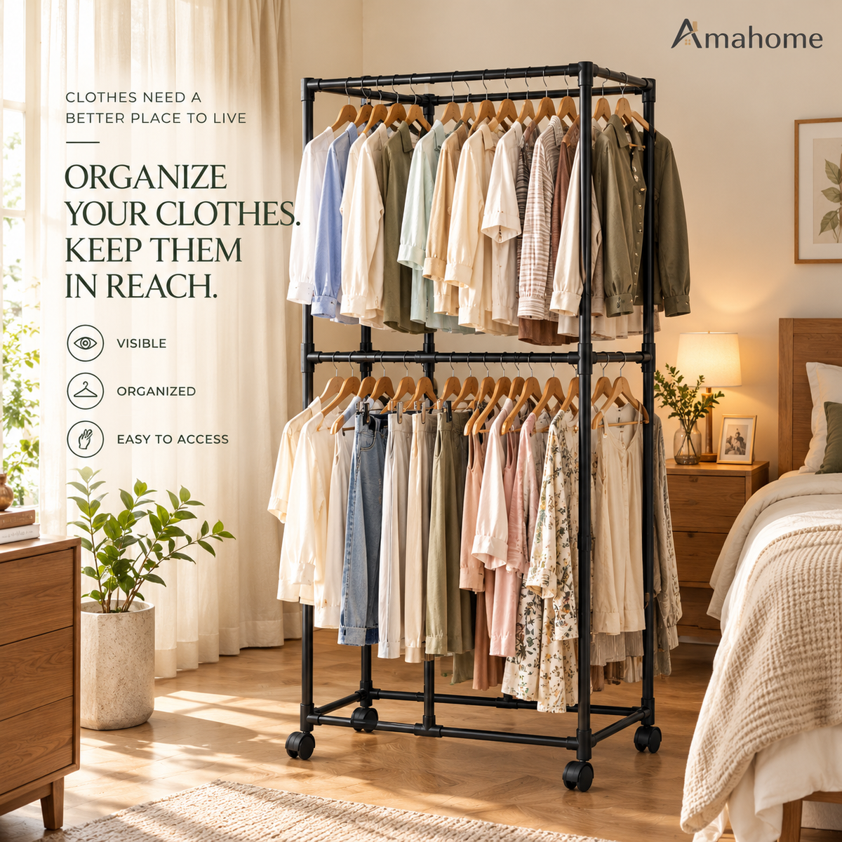 2-Tier Rolling Clothes Rack – Double-Layer Garment Organizer with Wheels