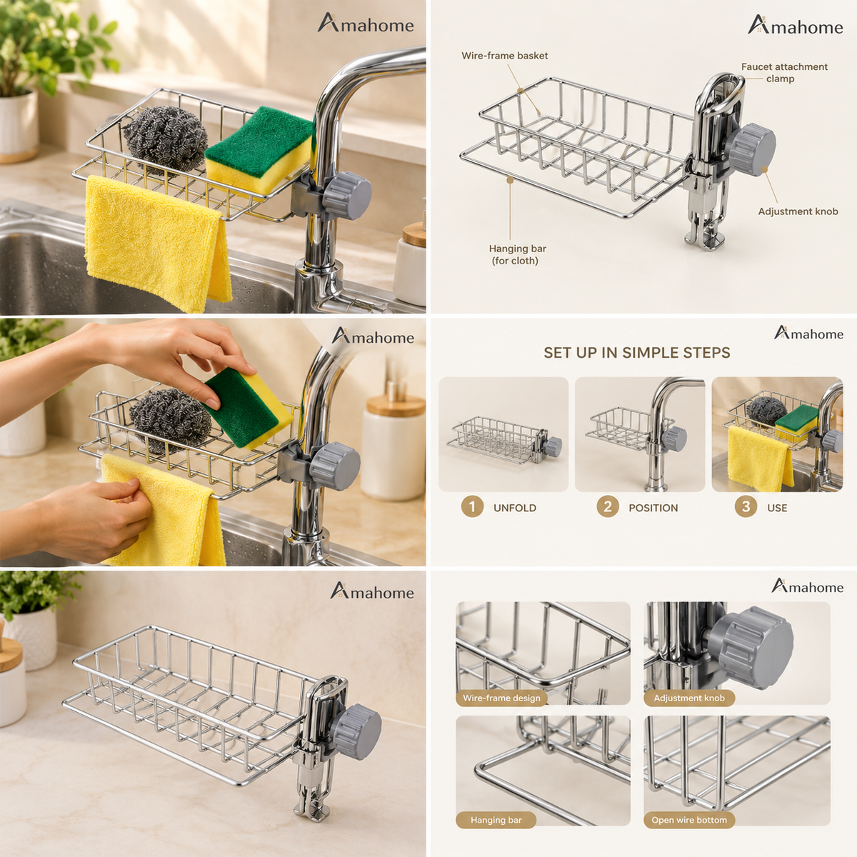 Faucet-Mounted Sink Storage Basket – Kitchen Sponge & Cleaning Cloth Holder