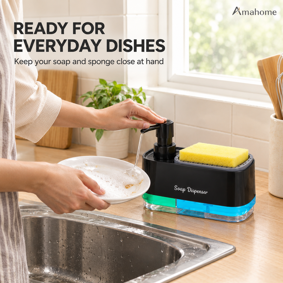 2-in-1 Kitchen Dish Soap Pump Dispenser with Sponge Holder Tray - Dual Compartment Large Capacity Liquid Soap Dispenser for Countertop