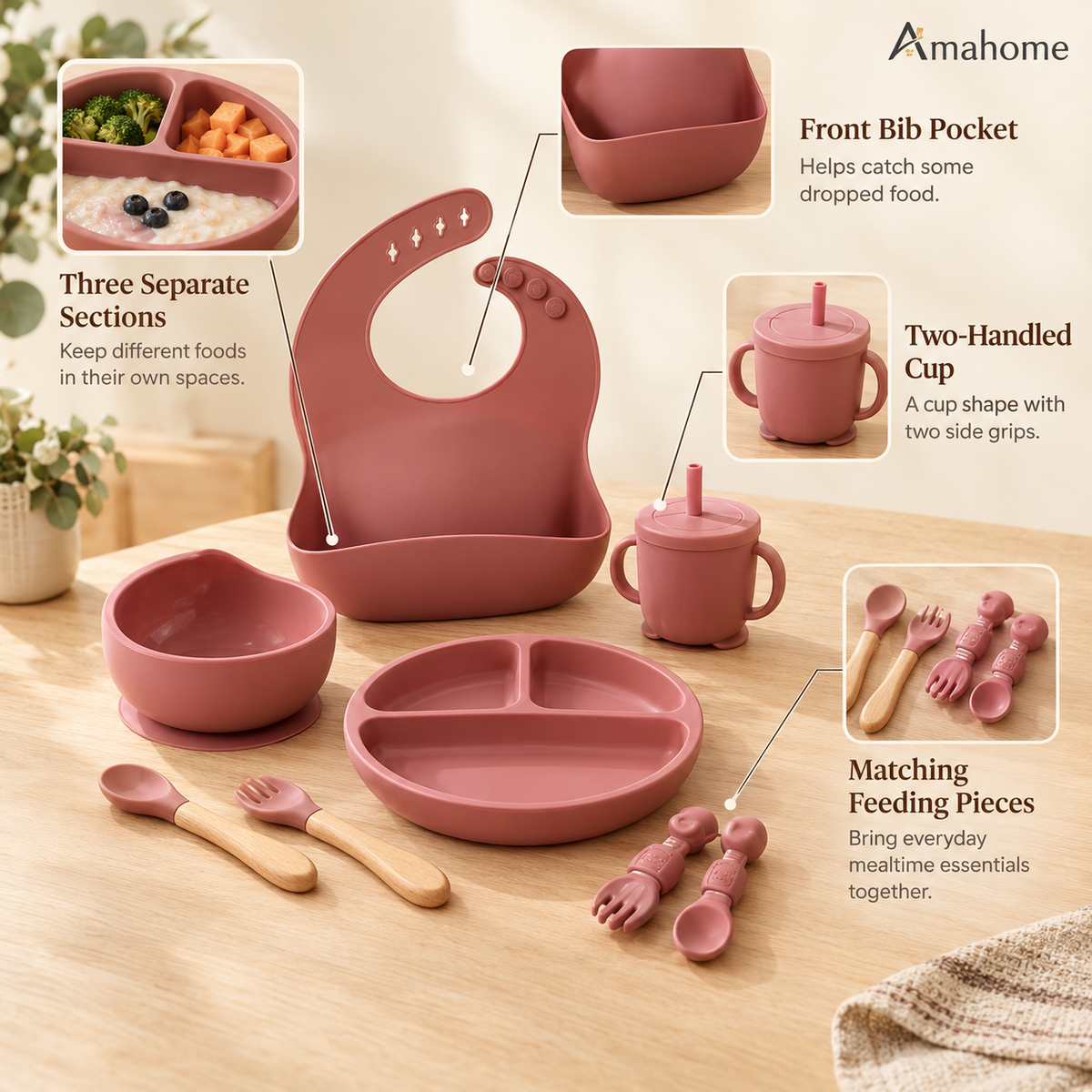 Premium Silicone Baby Feeding Set - Non-Slip Suction Bowl & Divided Plate, Waterproof Adjustable Bib, Sippy Cup & Utensils (BPA-Free)