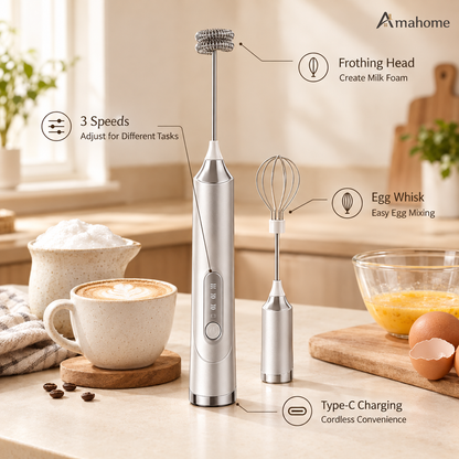 Rechargeable Electric Milk Frother & Whisk – 3-Speed Handheld Foam Maker & Egg Beater with Type-C