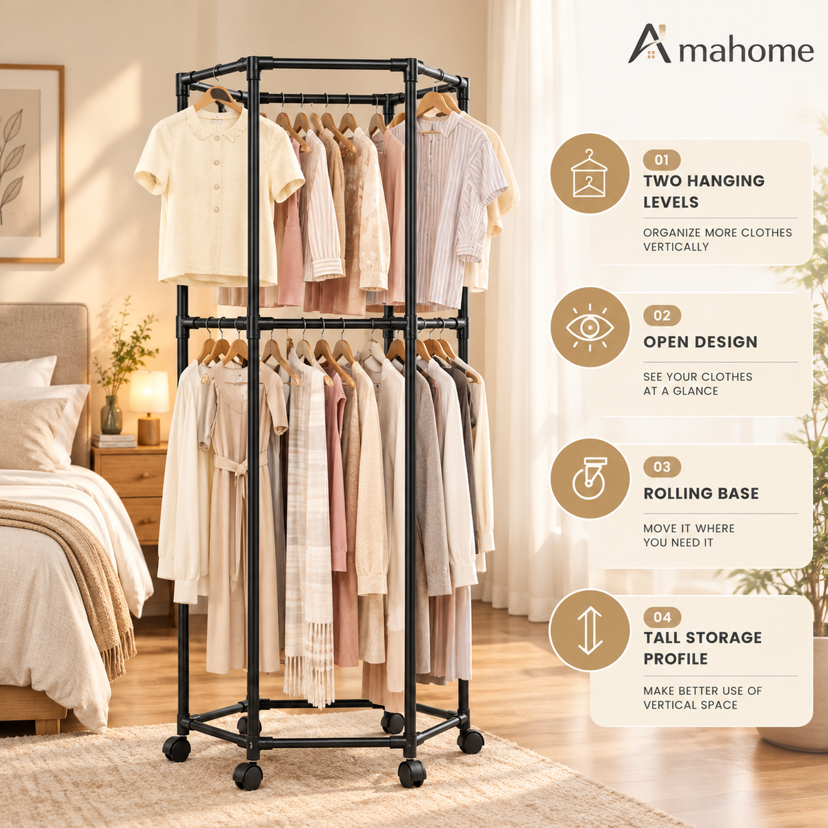2-Tier Rolling Clothes Rack – Double-Layer Garment Organizer with Wheels