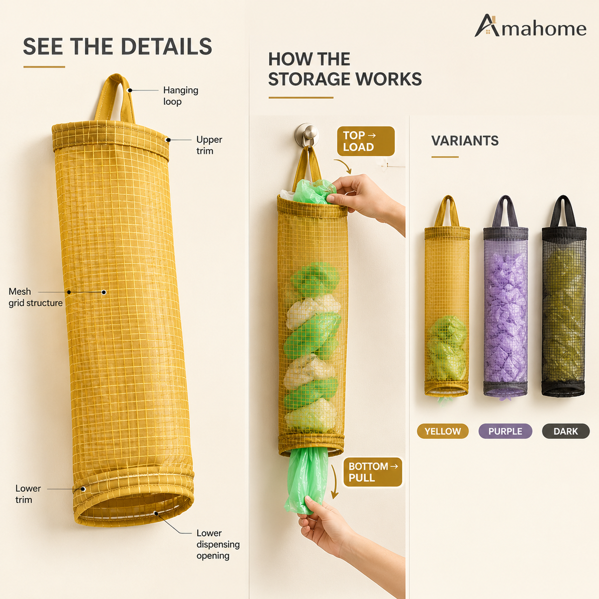 Hanging Mesh Garbage Bag Dispenser – Kitchen Waste Bag Organizer