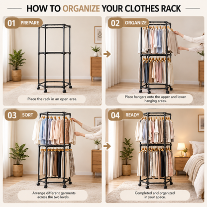 2-Tier Rolling Clothes Rack – Double-Layer Garment Organizer with Wheels