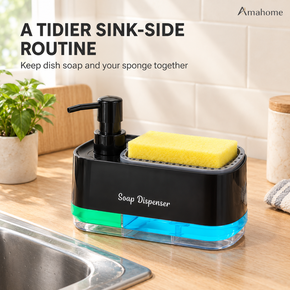 2-in-1 Kitchen Dish Soap Pump Dispenser with Sponge Holder Tray - Dual Compartment Large Capacity Liquid Soap Dispenser for Countertop
