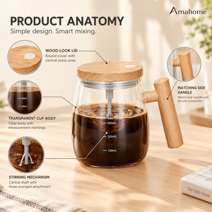 400ml Self-Stirring Coffee Mug – Automatic Mixing Glass Cup with One-Touch Button & Wooden Handle