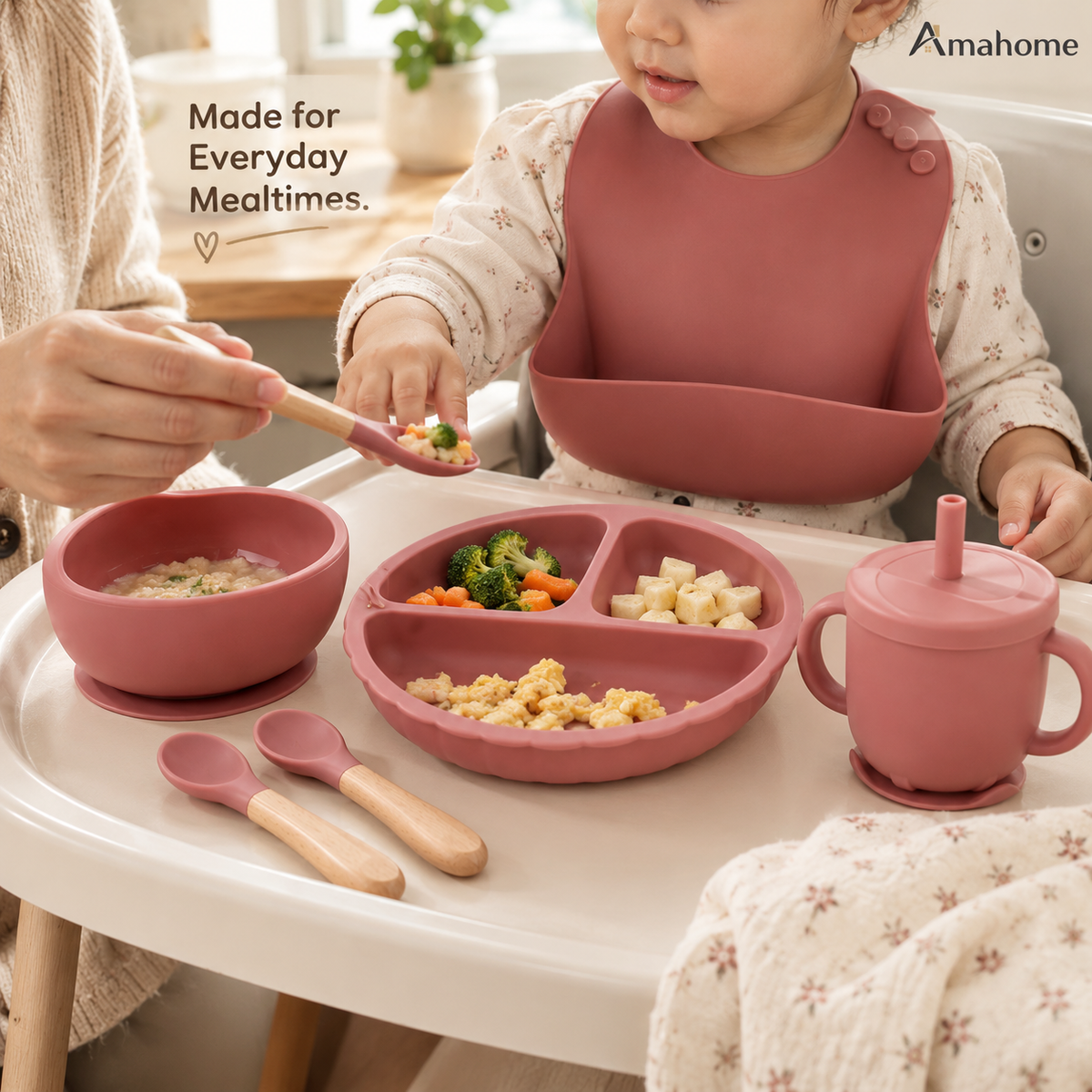 Premium Silicone Baby Feeding Set - Non-Slip Suction Bowl & Divided Plate, Waterproof Adjustable Bib, Sippy Cup & Utensils (BPA-Free)