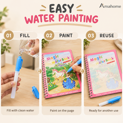 Magic Water Coloring Book for Kids – Reusable Water Painting Activity Book with Water Pen