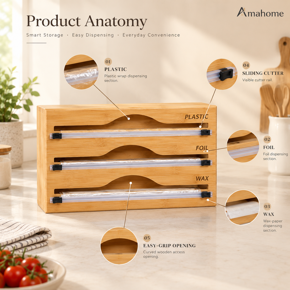 3-in-1 Bamboo Wrap Dispenser & Cutter – Plastic Wrap, Foil & Wax Paper Organizer