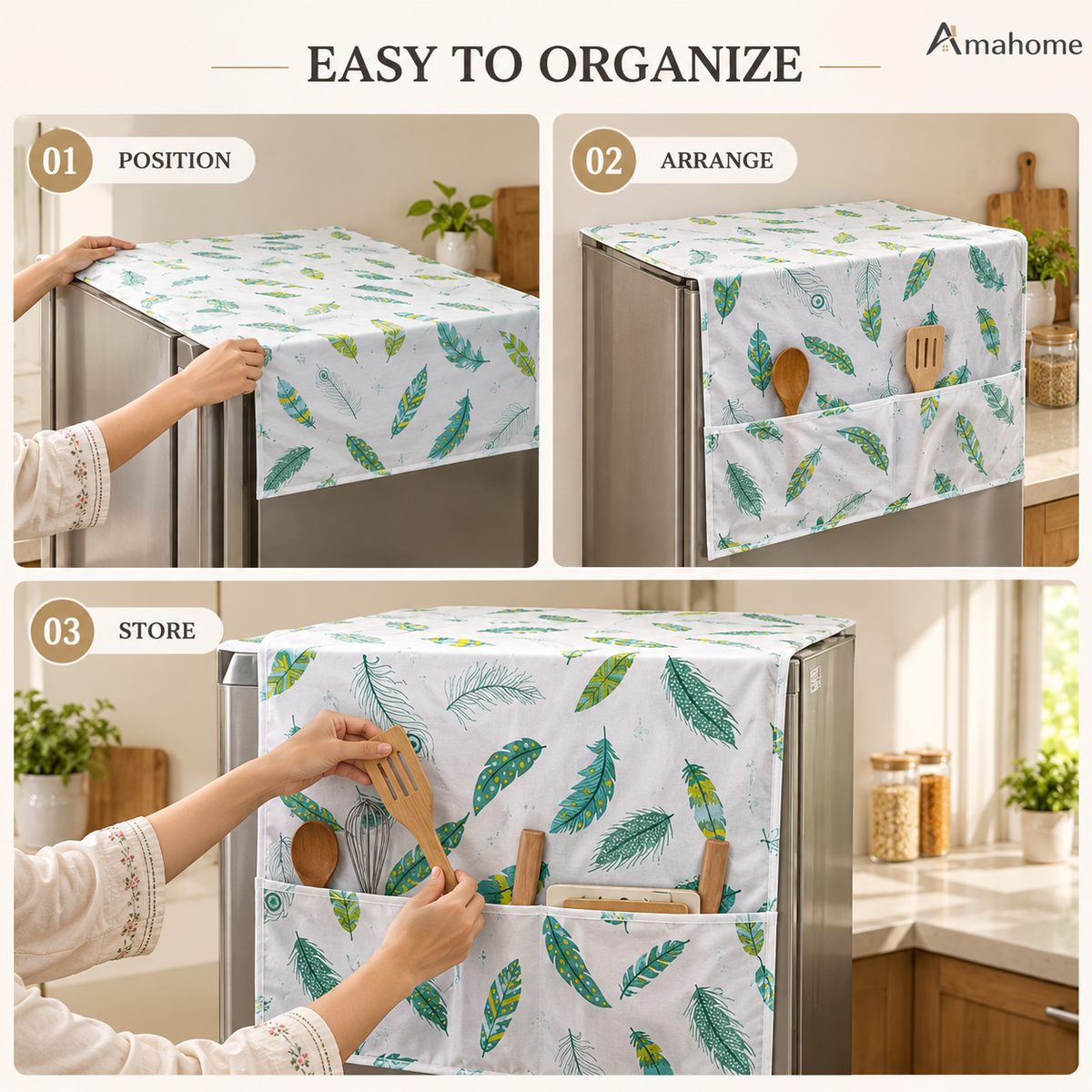 Refrigerator Cover & Storage Organizer – Feather Print