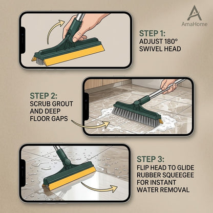 3-in-1 Magic Floor Scrub Brush – 180° Rotating Cleaning Brush with Squeegee & Long Handle