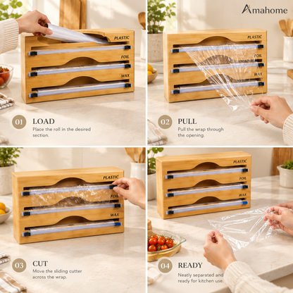 3-in-1 Bamboo Wrap Dispenser & Cutter – Plastic Wrap, Foil & Wax Paper Organizer