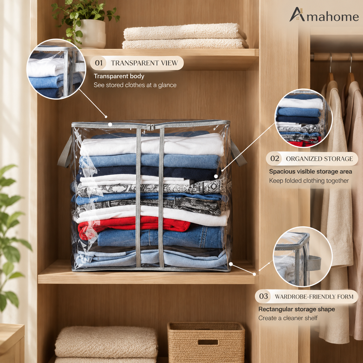 Transparent clothes storage organizer bag filled with folded clothing on a wardrobe shelf