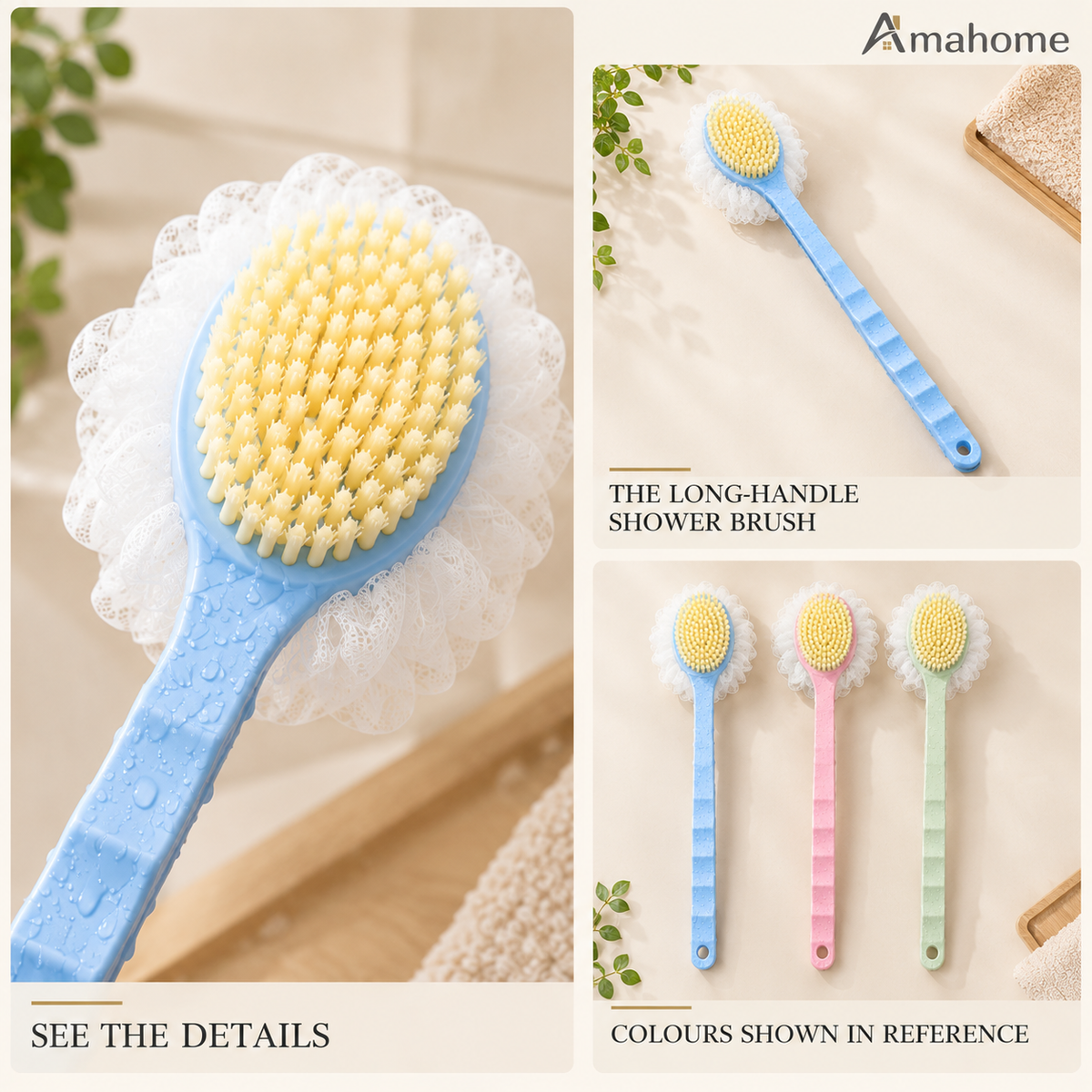 Long Handle Shower Brush with Soft Bristles & Body Scrubber