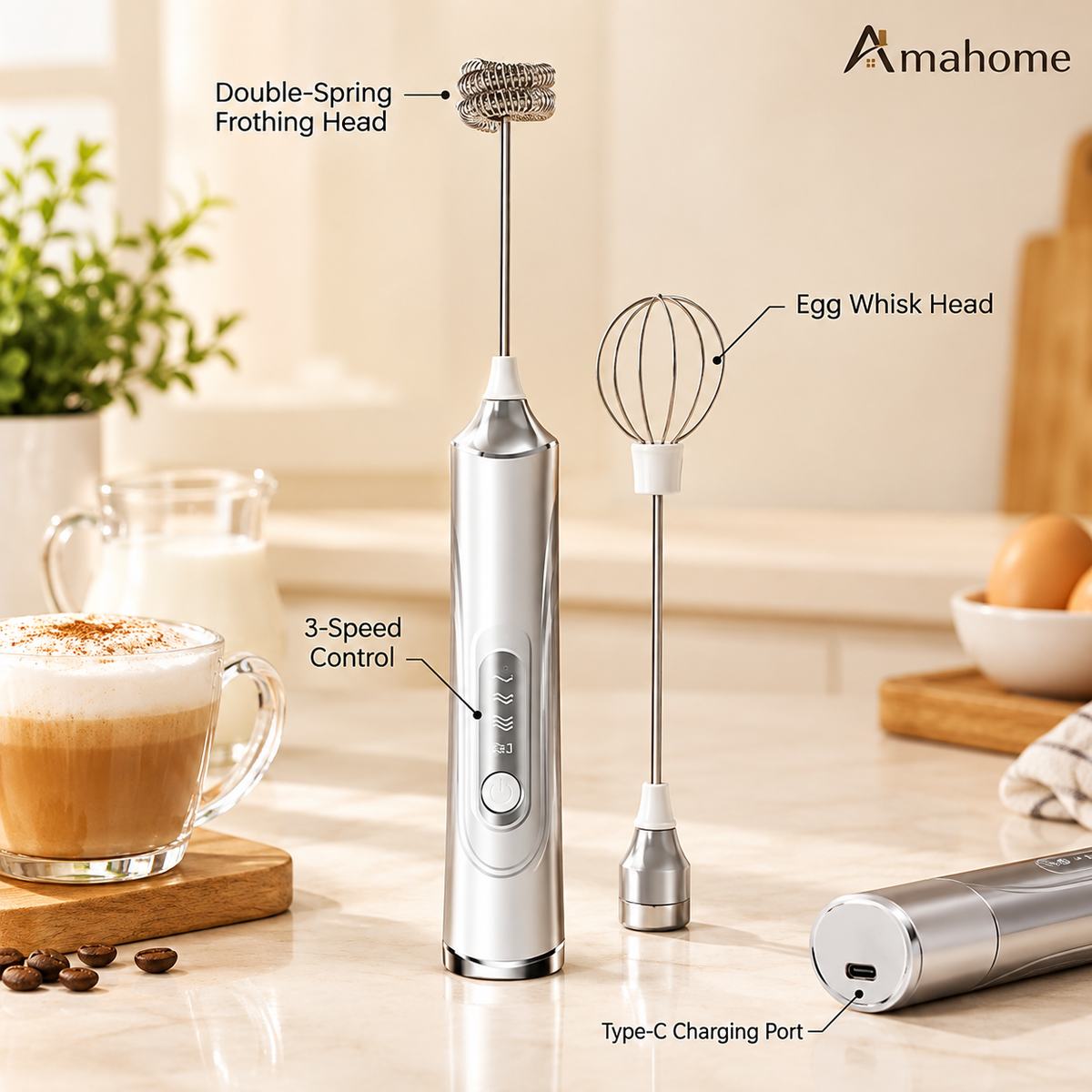 Rechargeable Electric Milk Frother & Whisk – 3-Speed Handheld Foam Maker & Egg Beater with Type-C