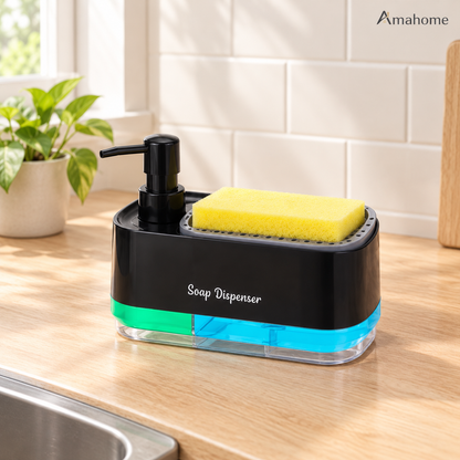 2-in-1 Kitchen Dish Soap Pump Dispenser with Sponge Holder Tray - Dual Compartment Large Capacity Liquid Soap Dispenser for Countertop
