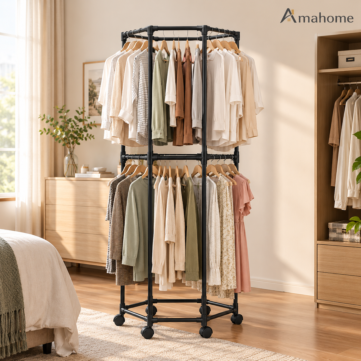 2-Tier Rolling Clothes Rack – Double-Layer Garment Organizer with Wheels