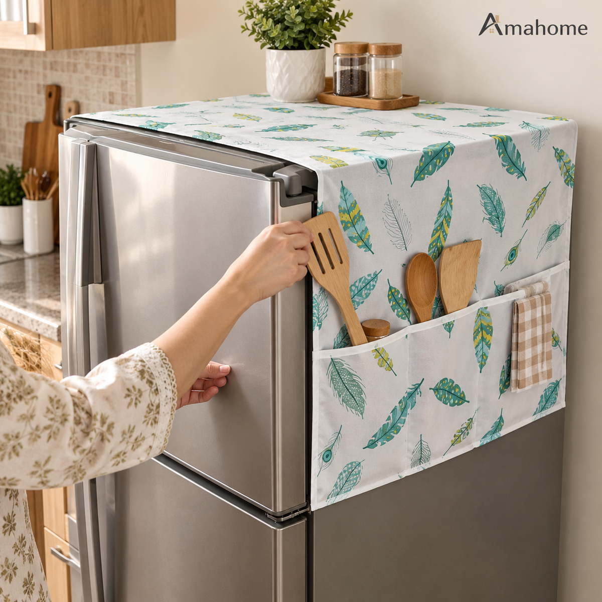 Refrigerator Cover & Storage Organizer – Feather Print