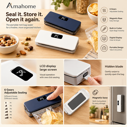 Mini Heat Sealer for Food Bags with LCD Display & Hidden Cutter