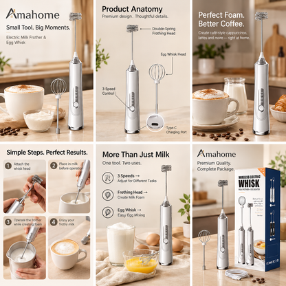 Rechargeable Electric Milk Frother & Whisk – 3-Speed Handheld Foam Maker & Egg Beater with Type-C