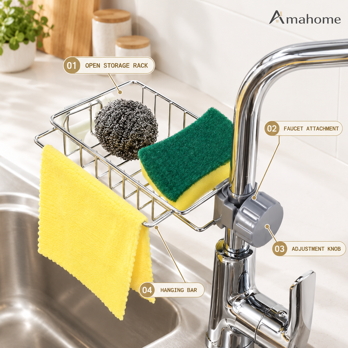 Faucet-Mounted Sink Storage Basket – Kitchen Sponge & Cleaning Cloth Holder