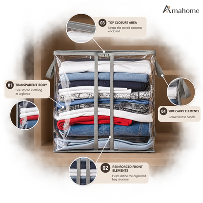 Transparent clothes storage organizer bag filled with folded clothing on a wardrobe shelf