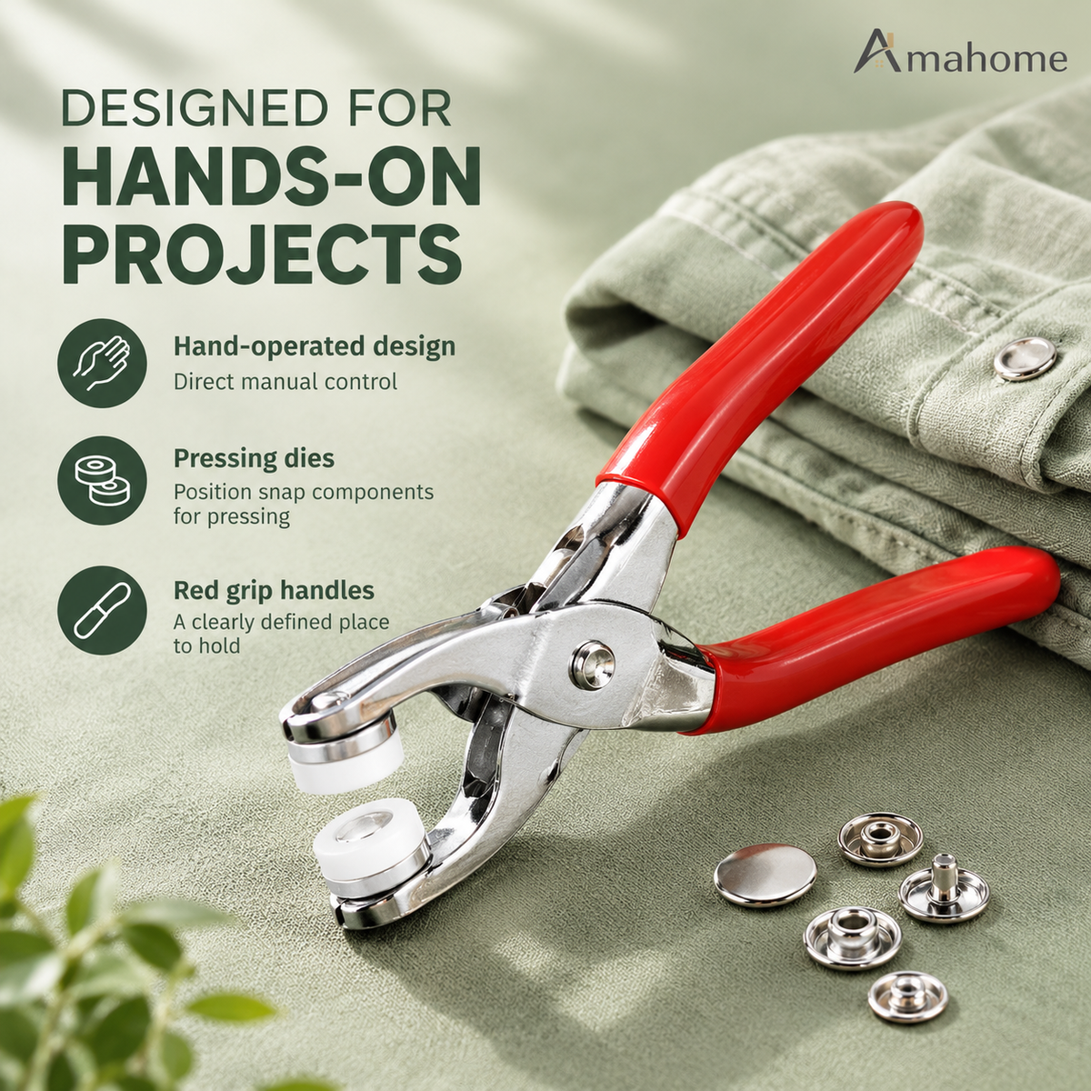 Snap Button Pliers Kit with 50 Metal Buttons – No-Sew Clothing Fastener & Button Installation Tool