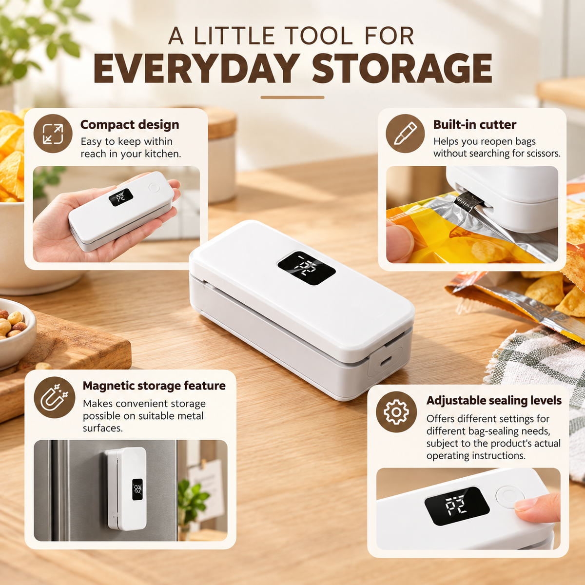Mini Heat Sealer for Food Bags with LCD Display & Hidden Cutter