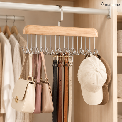 Multi-Hook Wooden Closet Organizer Hanger – Space-Saving Wardrobe Storage Rack for Bags, Caps & Accessories