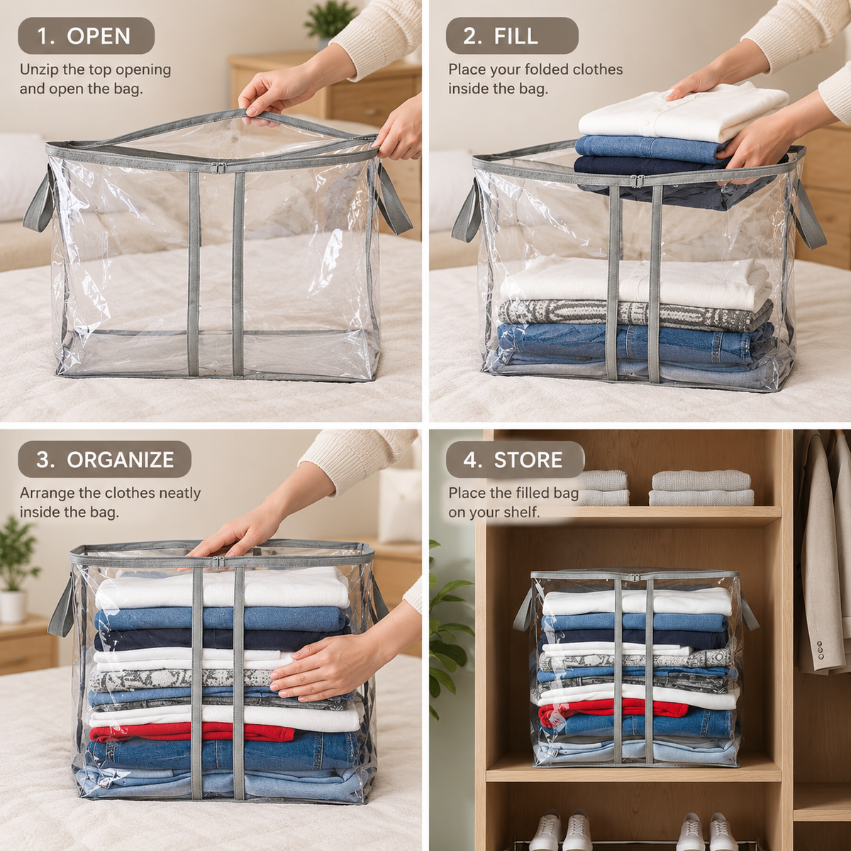 Transparent clothes storage organizer bag filled with folded clothing on a wardrobe shelf