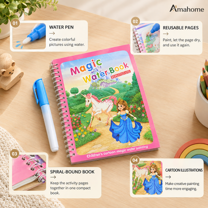 Magic Water Coloring Book for Kids – Reusable Water Painting Activity Book with Water Pen