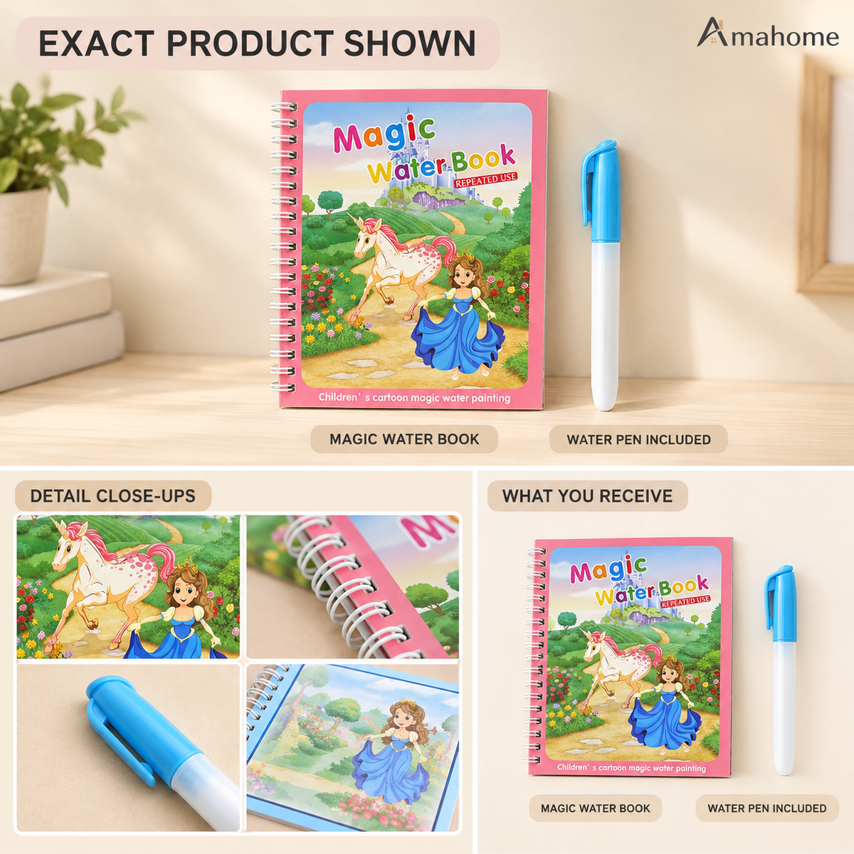 Magic Water Coloring Book for Kids – Reusable Water Painting Activity Book with Water Pen