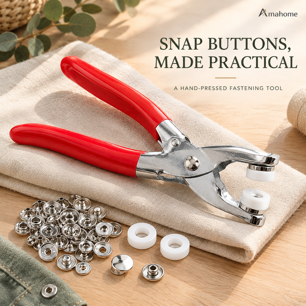 Snap Button Pliers Kit with 50 Metal Buttons – No-Sew Clothing Fastener & Button Installation Tool